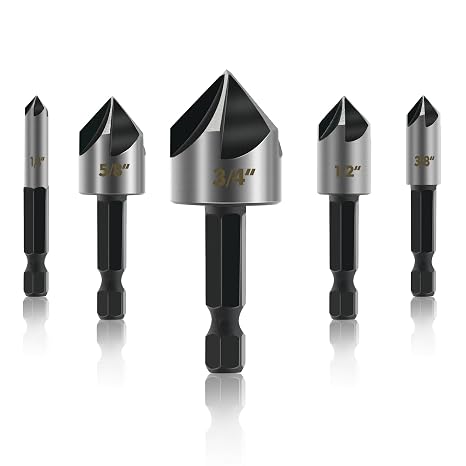 GMTOOLS 5PCS Countersink Drill Bit Set, High Speed Steel Countersink Bits, 82 Degree 5 Flute Pieces, 1/4 Inch Hex Shank, Fit for Sink Holes into Metals, Wood, Plywood, Plastic