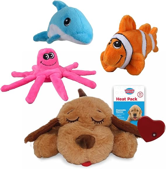 SmartPetLove Snuggle Puppy 4-Pack Bundle with Tender-Tuffs Tough Plush Dog Toys -  with Snuggle Puppy, Tiny Octopus, Clownfish, and Dolphin - Durable Interactive Squeaky Toys