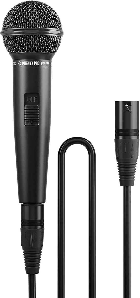Phenyx Pro Cardioid Dynamic Wired XLR Microphone with On/Off Switch PM-25S | 16.4 ft Cable, Mic Clip, Storage Bag, All-Metal Build, Built-In Foam Filter, Stage Vocals, Karaoke