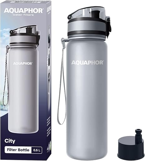 AQUAPHOR City Water Filter Bottle 17 oz | Reusable & Portable Filtered Water Bottle | BPA-Free | Perfect for Camping, Travel, Indoor & Outdoor Use | Grey