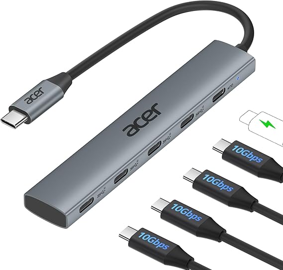 Acer 10 Gbps USB C Hub, USBC Splitter with 4*USB C 3.2 and 100W PD Port | Type-C Multiport Adapter Fast Data Transfer Compatible for MacBook Neo/Pro/Air, iPad, Surface Pro, XPS-0.5FTNo Video Output