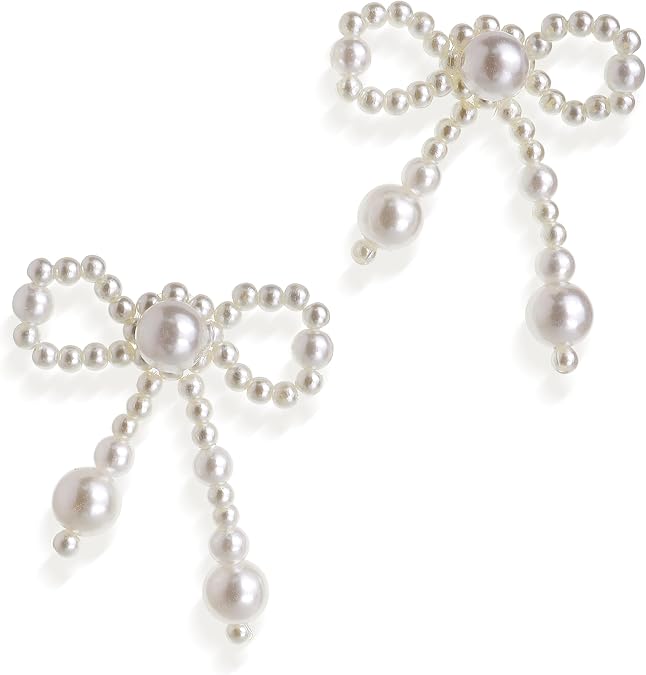 JeanBeau Pearl Bow Dangle Drop Earrings for Women Gold Statement Ribbon Bowknot Earing Dangling Costume Prom Wedding Fashion Jewelry Gift