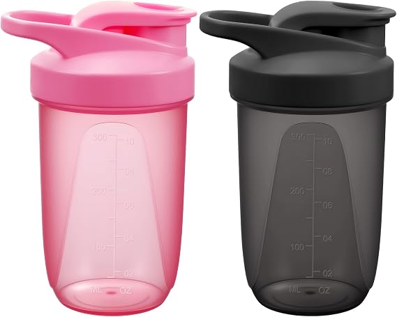 Protein Shaker Bottle, 2 PCS Shaker Protein Shakes with Metal Stirring Ball, Sports Gym Supplement Protein Shake Bottle for Mixing Protein Shakes and Supplements, 400ml, Black and Pink