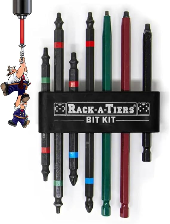Rack-A-Tiers Rough-In Bit Kit - 7 piece Electrician's Robertson Driver Bit Set, double ended impact driver bits, 4 inch and 6 inch (Rough-In Kit) (72711)