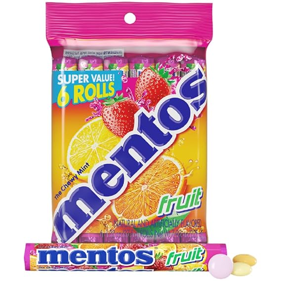 Mentos Chewy Mint Candy Roll, Fruit, 14 Pieces Per Roll, 6 Count Pack