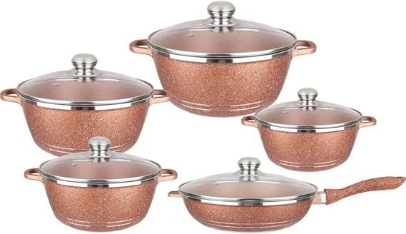 10-Piece Nonstick Granite Cookware Set with Glass Lids, Marble Coated Aluminium Pots & Pans, Frying Pan, Saucepans, Stock Pot, Anti-Scald Gloves(Gold)