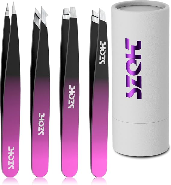 4-Piece Precision Tweezers Set - Stainless Steel Slant, Pointed, Flat & Angled Tips forEyebrow Shaping, Facial & Ingrown Hair Removal - Eco-Friendly Gift Packaging - Women& Men