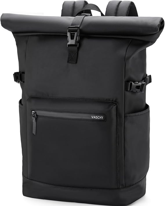 VASCHY Rolltop Travel Backpack for Men, Water Resistant Expandable Large Carry-on Casual Daypack for Work Business Hiking College Black