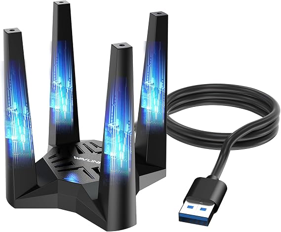 USB WiFi Adapter for Desktop PC, WAVLINK AX5400 WiFi 6E Adapter, Tri-Band 2.4GHz/5GHz/6GHz Wireless Network Adapter with 4x3dBi High Gain Antennas, MU-MIMO, WPA3, OFDMA, Supports Windows 11/10 Only