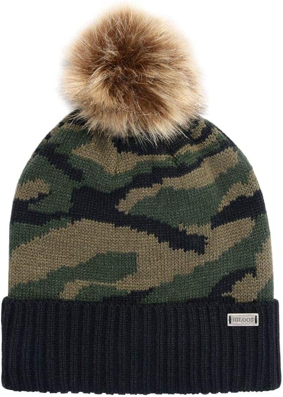 IGLOOSBUILT Women's Knit Camo Cuff Cap with Faux Fur Pom