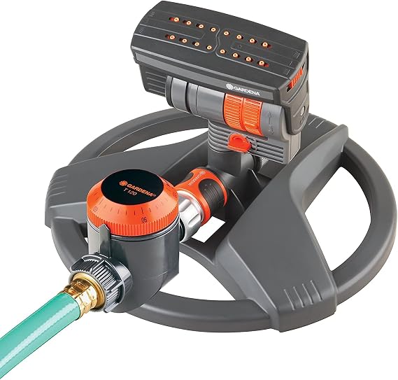Gardena (69-84BZMX) ZoomMaxx Adjustable Sprinkler with Built in Timer Weighted Base for Precise Watering up to 2,300 Sq Ft, Compatible with Any Hose Brand, Made in Germany