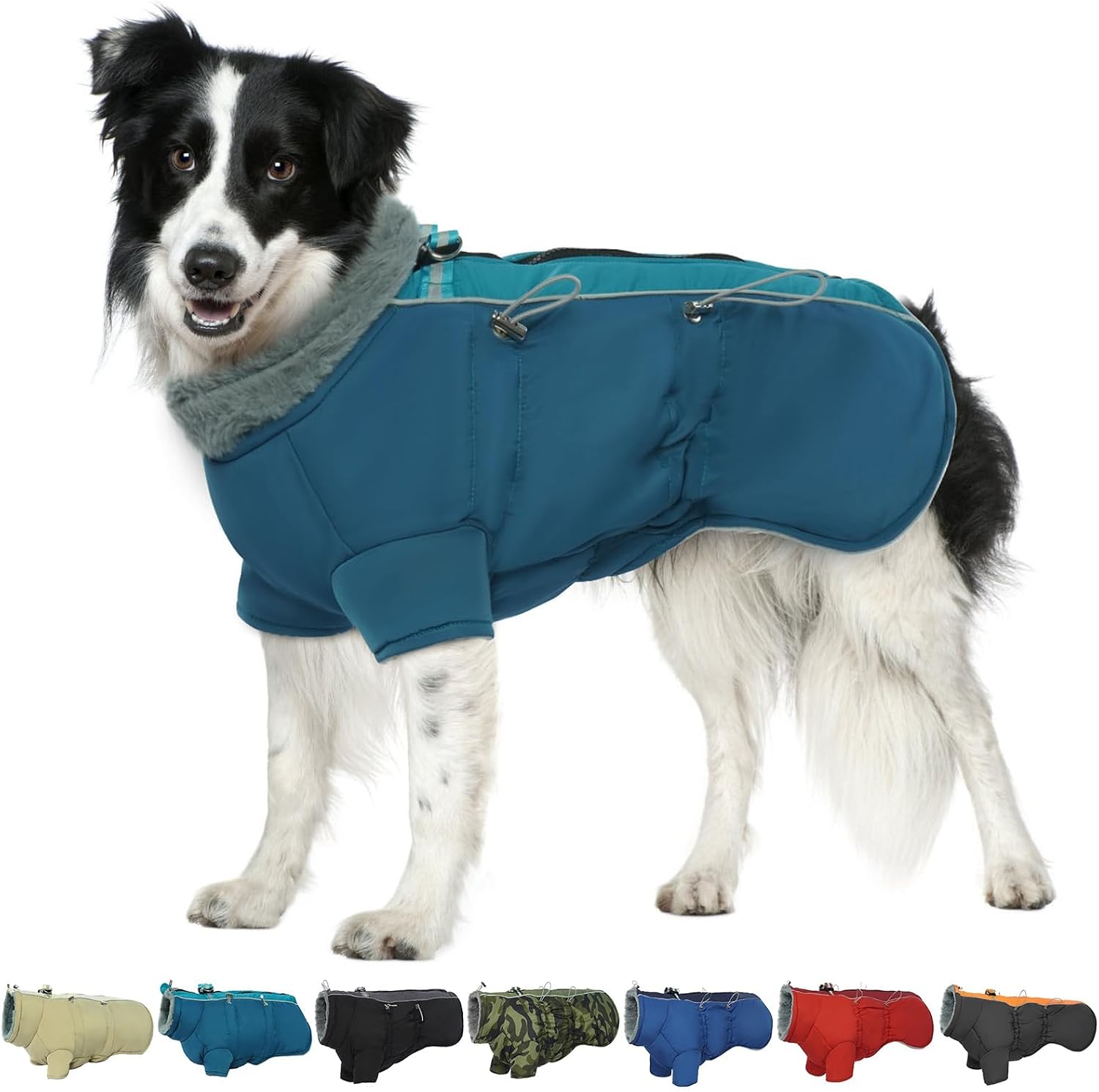 Dog Jacket - Winter Waterproof Dog Coat, Fleece Lining, Reflective, Zip Up with Harness, High Collar Snowsuit Green, 3XL