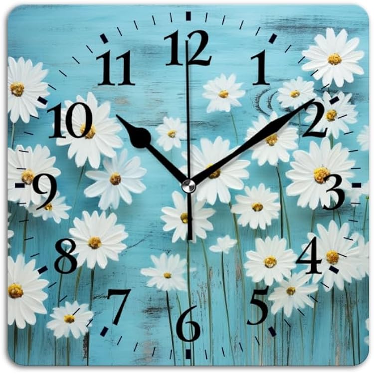 Battery Operated Wall Clocks Daisy Flower On Blue Wooden Silent Non-Ticking Decor Clock with Photo for Bathroom,Office14inch