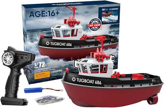 RC Boat, 1/72 2.4G Electric RC Tugboat Model Kit for Pools & Lakes, High-Speed Remote Control Racing Boat with Low Battery Reminder & Capsize Reset Gift for Adults-RTR Version, Black