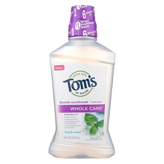Tom's of Maine Whole Care Natural Fluoride Mouthwash, Fresh Mint, 16 oz. 6-Pack (Packaging May Vary)