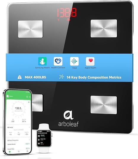 arboleaf Smart Scale for Body Weight and Fat, Bluetooth Digital Bathroom Scale, Body Composition Analyzer with App, 14 Metrics Include BMI, 400lb Capacity(Black)