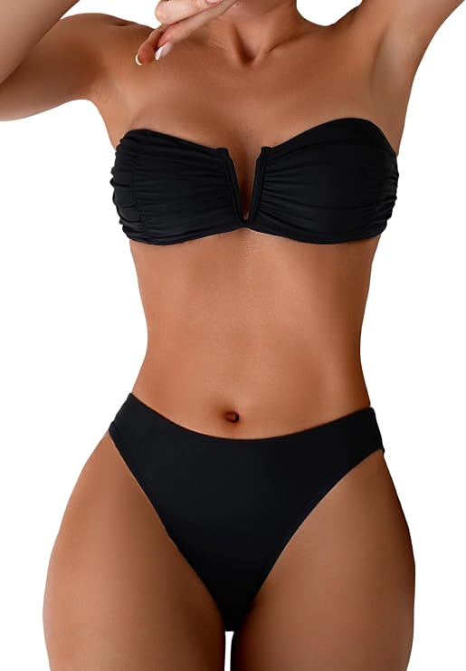 SHENHE Women's Strapless Bikini Swimsuits 2 Piece Ruched V Wire Bandeau Bikini Sets Bathing Suits