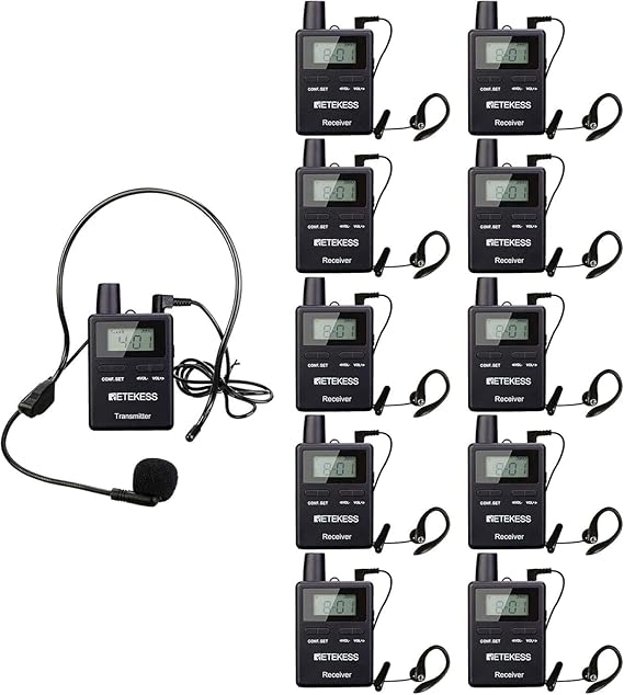 Retekess TT109 Wireless Tour Guide System, Long Range, 2.4GHz, Church Translation System, Clear Sound Tour Guide Headsets for Interpretation, Training, Court(Case of 1 Transmitter and 10 Receivers)