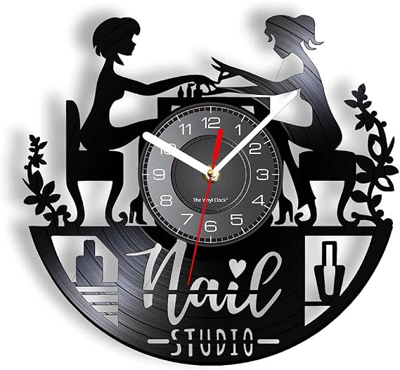 Vinyl-Wanduhr Nagelsalon-Muster Vintage stille Wanduhr Heimdekoration Geschenk (ohne Licht)