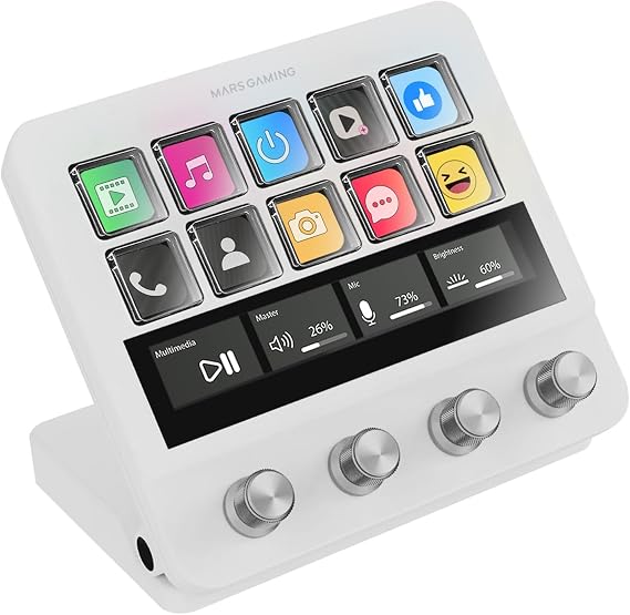 Mars Gaming MSD-PRO, Control Deck, 10 Customizable LCD Keys and 4 Dials, Extended Animated Touchscreen, Adjustable Base, Control Software, USB Hub with 2x USB 3.0 + 1x USB-C, White