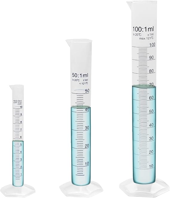3 Pcs Plastic Graduated Cylinder Set, 3 Sizes 10ml 50ml and 100ml, PP Material Measuring Cylinders with Hexagonal Base and Blue Printed Graduation,MCPS3A1