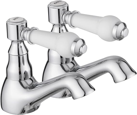 JASSFERRY Pair of Basin Taps Hot and Cold Water Bathroom Sink Tap White Ceramic Handle 1/4 Turn Lever 1/2" Faucet, Chrome Set of 2