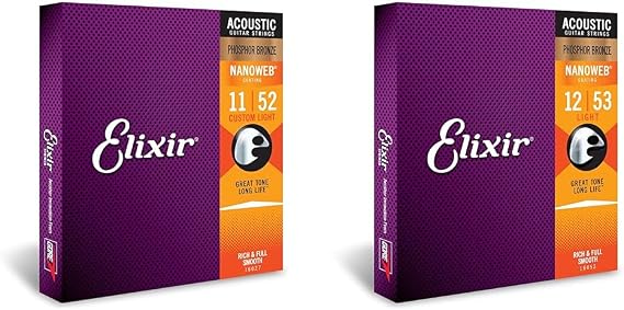 Elixir Acoustic Guitar Strings with NANOWEB Coating - Phosphor Bronze - Custom Light (.011-.052) and Light (.012-.053)