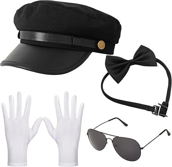 Chauffeur Costume Limo Taxi Driver Halloween Cosplay Accessories Chauffeur Hat Sunglasses Gloves Bowtie Set
