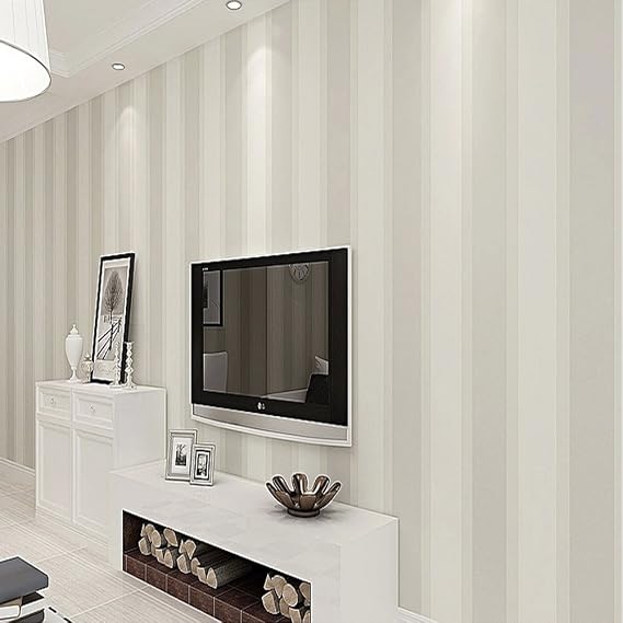 Q QIHANG Modern Minimalist Vertical Stripes Bedroom TV Background Non-Woven Wallpaper Roll Cream Color 0.53m x 10m=5.3SQM