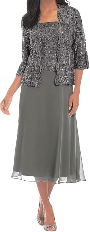 Yuxin 2 Piece Mother of The Bride Dresses for Wedding 3/4 Sleeve Lace Chiffon Mother of Groom Dress with Jacket Grey Long Formal Evening Gowns for Women Us12