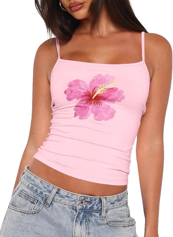 Cioatin Cute Y2K Floral Graphic Print Crop Cami Sleeveless Spaghetti Straps Slim Fit Tank Square Neck Summer Tops Backless