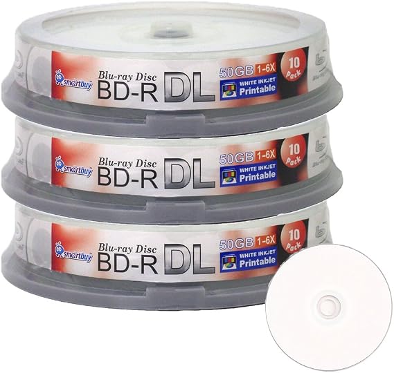 Smart Buy 30 Pack Bd-r Dl White Inkjet Printable 50gb 6X Blu-ray 30-disc