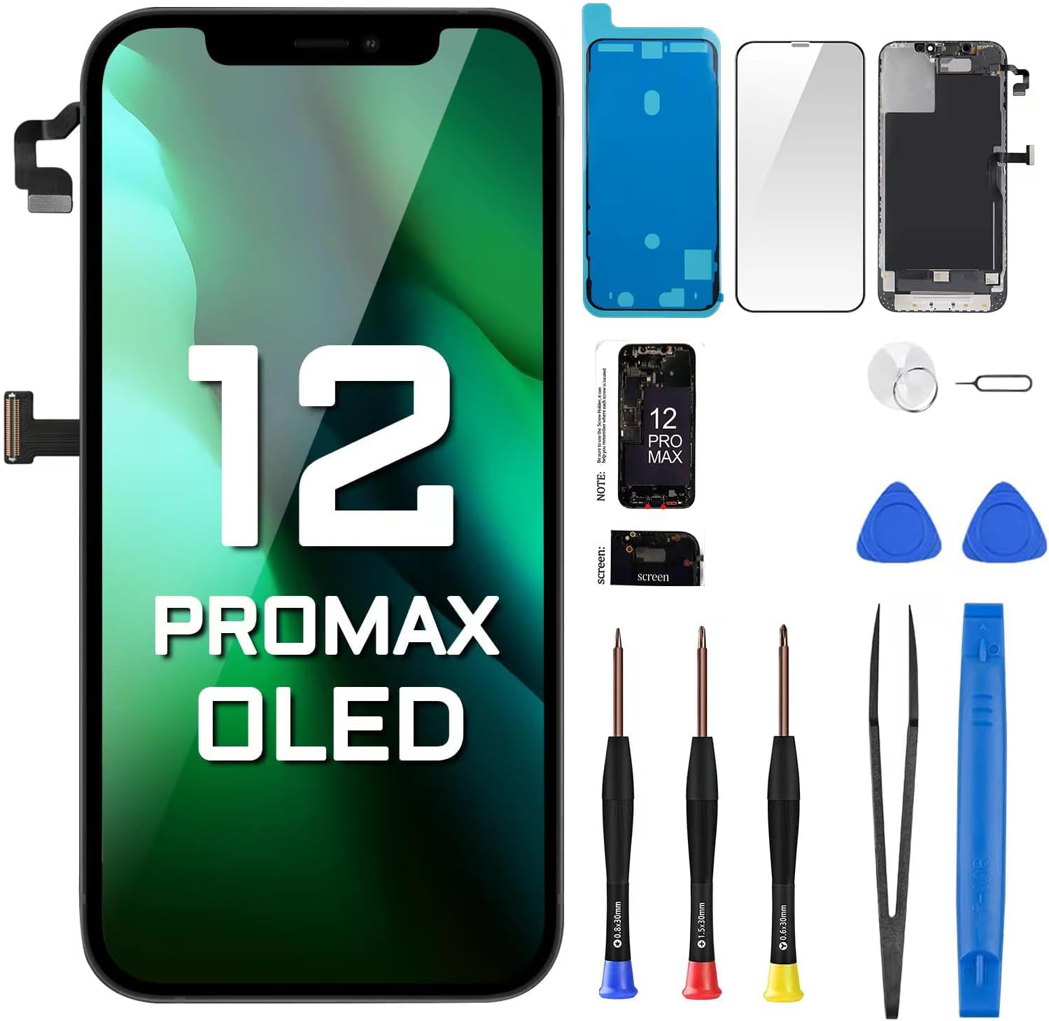 OLED iPhone 12 Pro Max用 交換用スクリーン フロントスピーカー近接センサー OLED 3Dタッチディスプレイ デジタイザー 6.7インチ フルアセンブリ フィックスツール 修理キット 磁気ネジ A2342 A2410 A2411 A2412