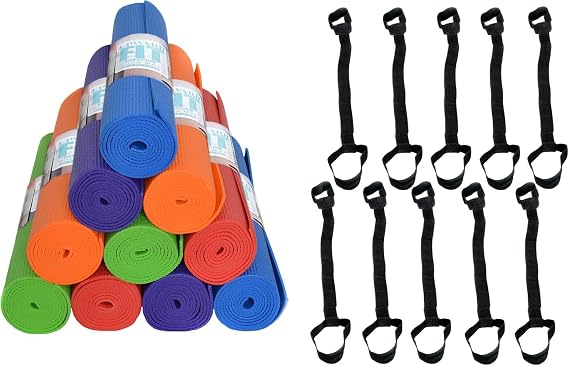 10 Pack Classic Yoga Mat With Carry Strap, 68"x24"x4mm | Bulk Non Slip Exercise Mats for Workout, Stretching, Fitness - Anti-Tear Non Toxic Gym Mats for Home, Schools and Studios
