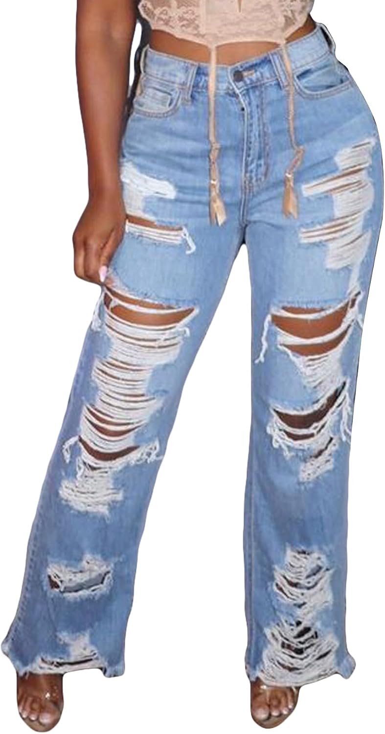 LKOUS Womens Baggy Ripped Denim Pants, Cut Out Destroyed Tassels Jeans with Pockets