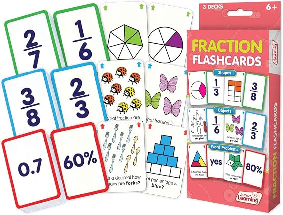 Junior Learning Fraction Flashcards - 3 Decks of 54 Cards for Math