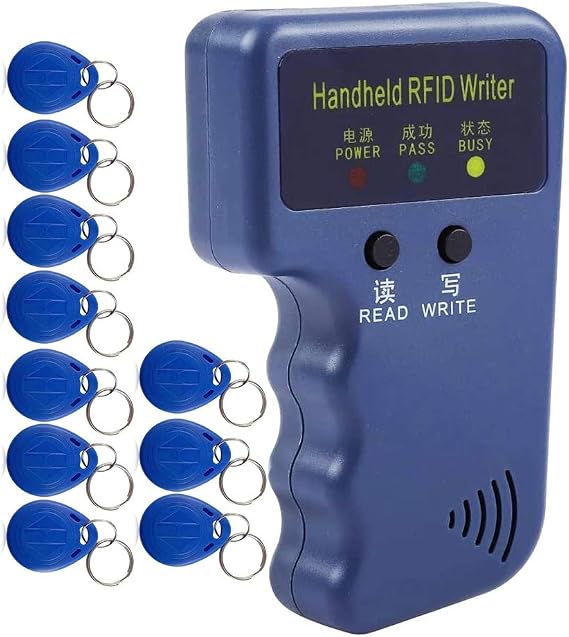 HERNAS New Version Handheld 125KHz RFID Reader Writer Duplicator Copier, EM4100 ID Tags Reader, with 10pcs Writable Key Fobs EM4305 T5577 Cards, Access Control Reader, NOT For HID or 13.56MHz IC