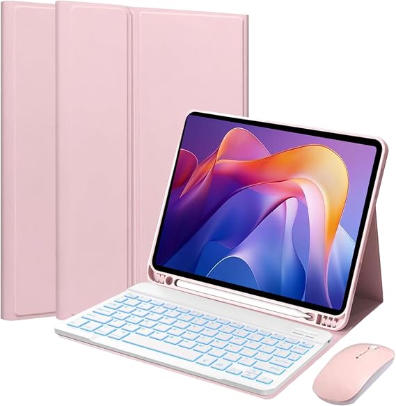 Detachable Keyboard Case with Wireless Mouse for Xiaomi Redmi Pad 2 11 inch 2025, 7 Colors Backlight Magnetic Keyboard Case for Redmi Pad 2 11 2025 with Pen Holder, 3 Angles Adjustment, Pink