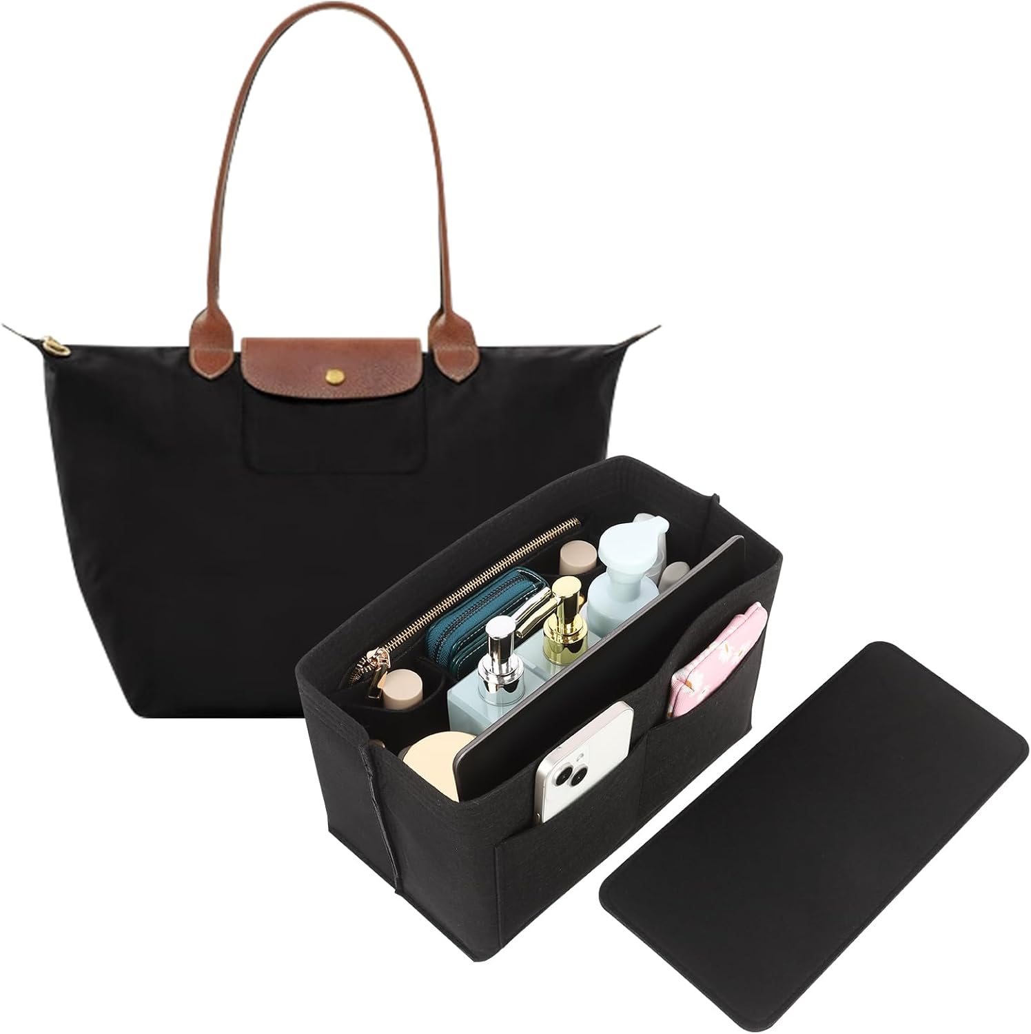 Organiser Insert for Longchamp Le Pliage Felt Tote Bag Organiser with Zipped Pocket & Multiple Compartments for Travel & Work Black (28x15x17cm)