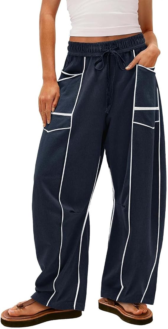 Barrel Lounge Pants Women High Waisted Wide Leg Sweatpants Drawstring Athletic Baggy Joggers Trousers with Pockets