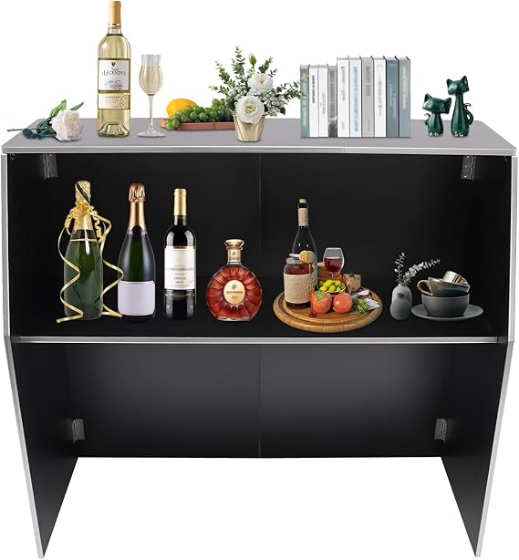 Portable Folding Event Bar, Foldable Bar Cabinet with Top and Middle Shelves, Freestanding Portable Event Bar Table for Parties Picnics Barbecues Events, Aluminum Edge (Black)