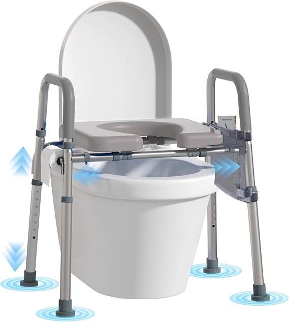 WHLICKS 500lbs Raised Toilet Seat with Handles Adjustable Width Elevated Seat, Cozy Padded Toilet Seat Risers for Seniors, Handicap & Disabled, Fits All Toilets, Gray