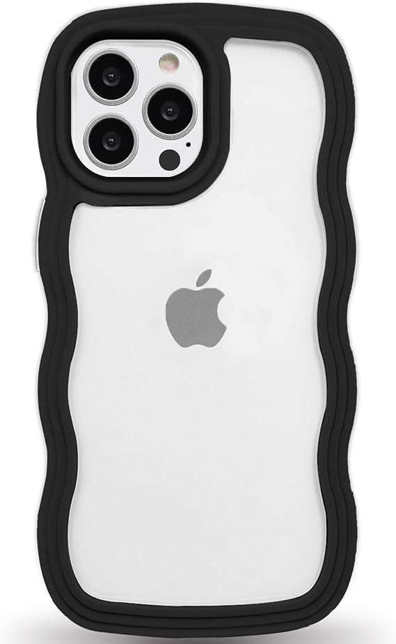 Anuck for iPhone 13 Pro Case Wavy Edge Clear Back Design, Anti-Slip Grip Cute Wave Curly Frame Shape Shockproof Soft TPU & Hard Bumper Protective Phone Case Cover for Women Girls, Black