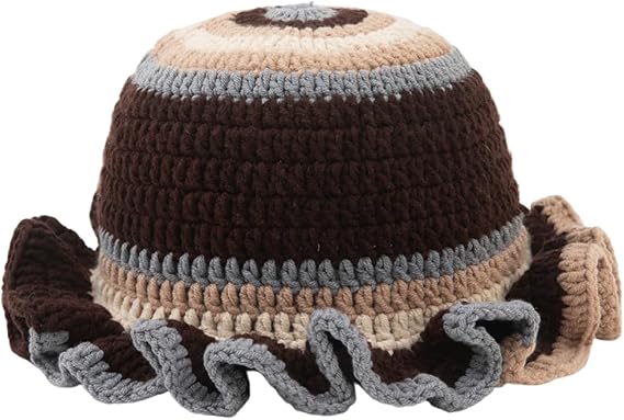 KORADI Womens Bucket Hat Crochet Ruffle Knit Hats Winter Boho Handmade Caps Cutout Color Block Beanie