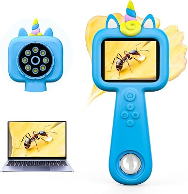 600X Handheld Microscope for Kids, 2.4 Rechargeable Mini Pocket Digital Microscope Outdoor Toys, Portable Microscopes for Kids 4-8 8-12, Christmas Birthday Gifts for Boys Girls Blue