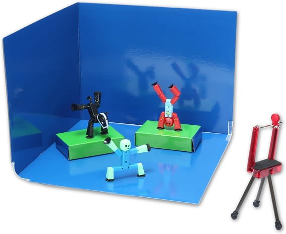 STIKBOT Zing Zanimation Studio - Stop Motion Kit with Green Screen, 4+ | Includes 2 Poseable Action Figures, Black Horse, Reversible Blue Backdrop, Phone Tripod, Free Movie Making App, STEAM Toy