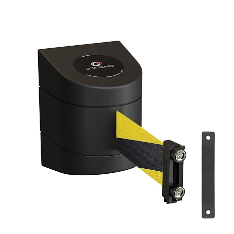 Crowd Control Warehouse Magnetic Wall Mount Retractable Belt Barrier, 15 Ft | CCW Series WMB-220, Black/yellow Diagonal Belt, Black ABS Case, Built-in Brake Ensures Slow, Safe Retraction Without Snapback
