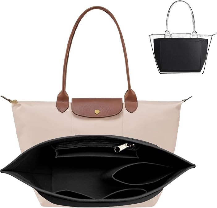 Bag Insert Organizer for Longchamp, Purse Insert Organizer With Zipper, Multi-Pocket Felt Handbag Organizer, Folding Tote Bag Organizer Insert for