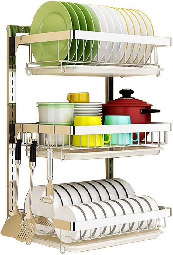Dish Drying Rack, 3-Tier Hanging Wall Mount Drying Organizer Storage Shelf Drainer for Dishes Bowls Utensils Mugs Includes Drain Trays and 6 Hooks for Kitchen Sink, Stainless Steel