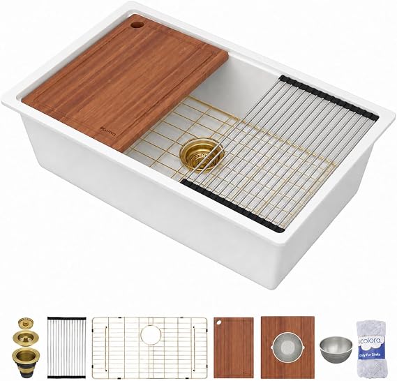 Dcolora 30"x19" White Undermount Granite Composite Kitchen Sink | Under Counter Quartz Sink, Single Bowl Workstation, R15 Round Corner, Mixing Bowl and Pasta Strainer